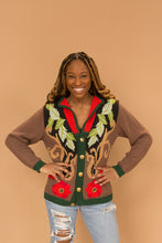 Load image into Gallery viewer, brown floral sweater with gold buttons