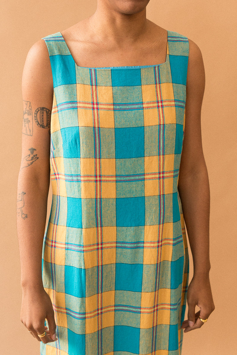 blue and yellow plaid dress Eka Wool Raven Dress in Yellow Check