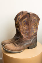 Load image into Gallery viewer, dark brown with blue & yellow stitching cowboy boots