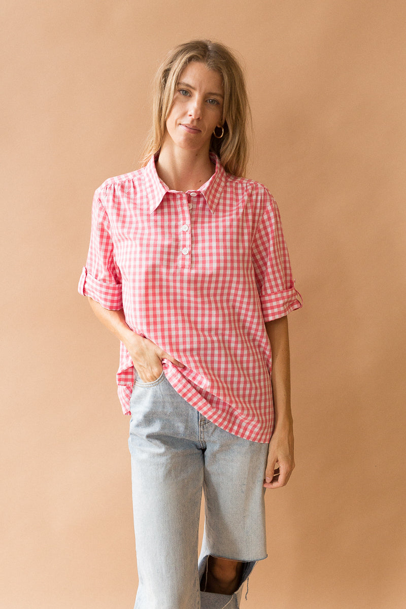 pink gingham button up shirt