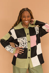 checkered knit sweater jacket