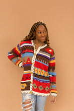 Load image into Gallery viewer, red &amp; brown patterned sweater with gold buttons