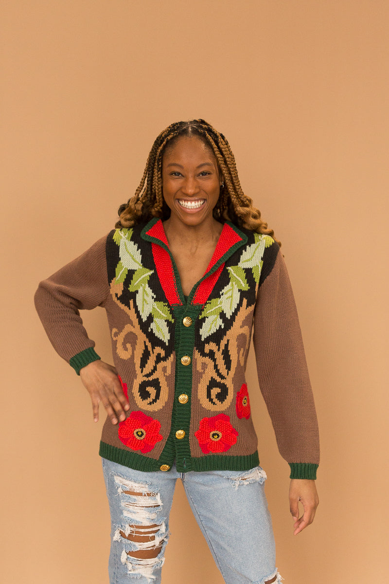 brown floral sweater with gold buttons