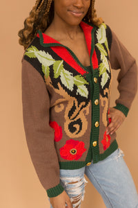 brown floral sweater with gold buttons