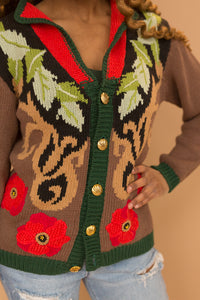 brown floral sweater with gold buttons