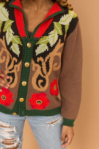 brown floral sweater with gold buttons