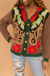 brown floral sweater with gold buttons