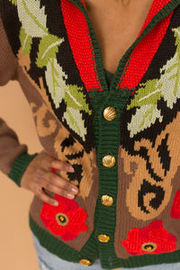 brown floral sweater with gold buttons
