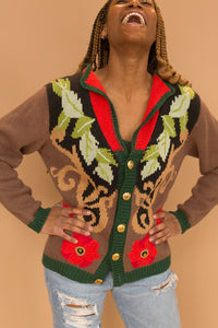 brown floral sweater with gold buttons