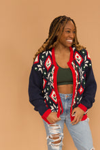 Load image into Gallery viewer, navy blue zip up floral sweater