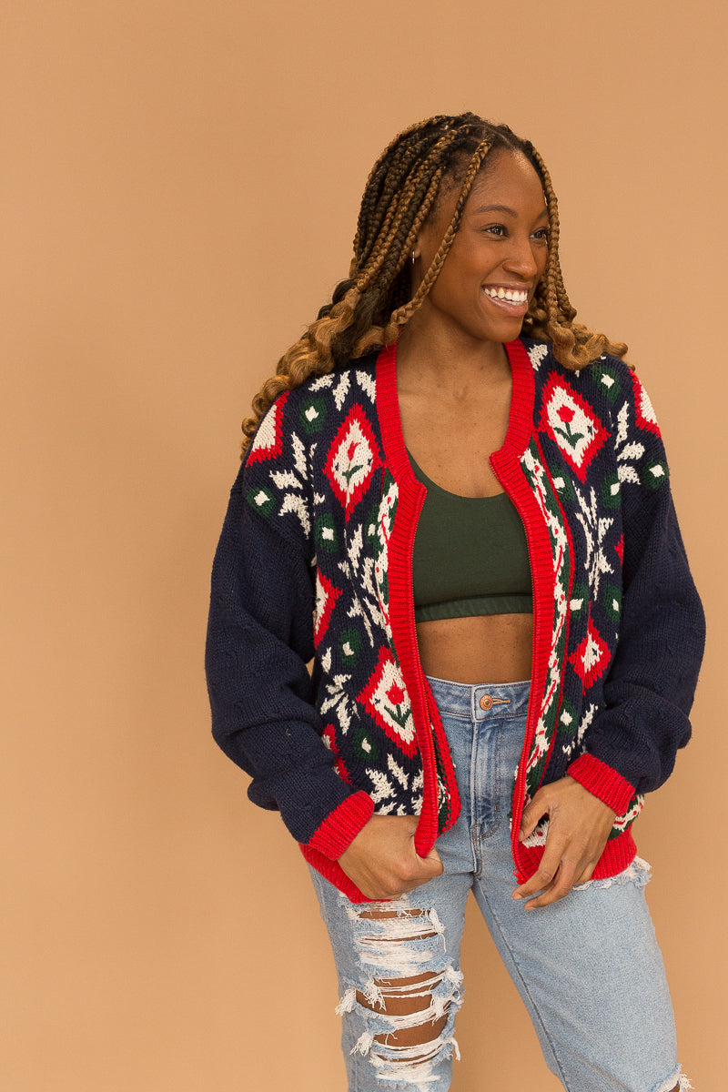 navy blue zip up floral sweater