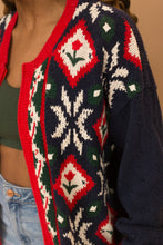 Load image into Gallery viewer, navy blue zip up floral sweater