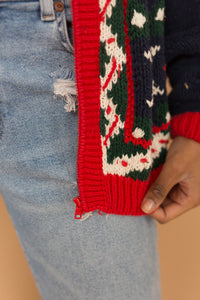 navy blue zip up floral sweater
