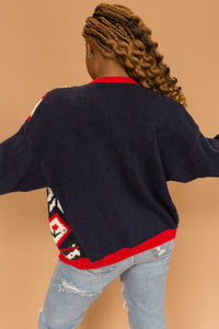 navy blue zip up floral sweater