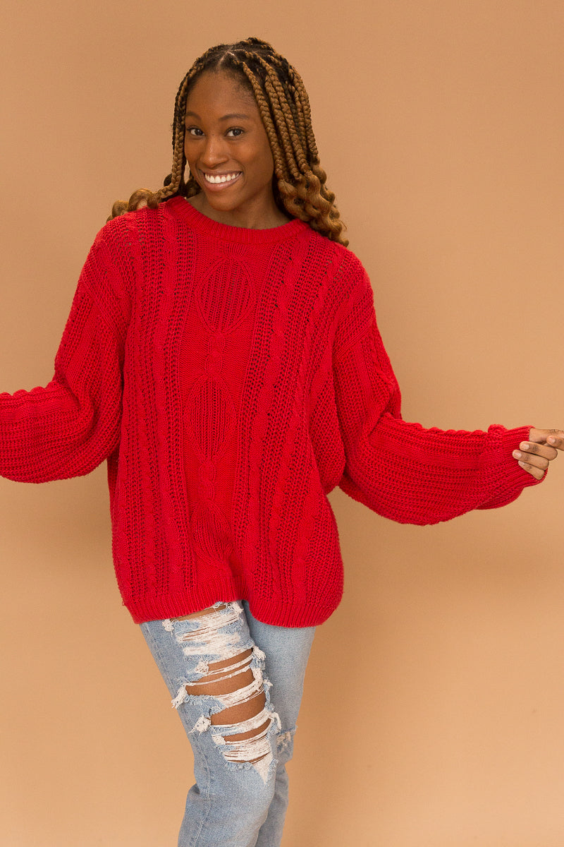 Red chunky deals cable knit sweater