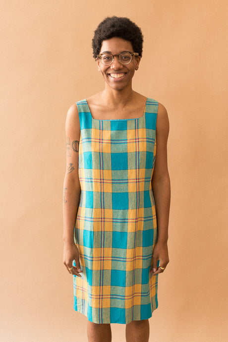 blue & gold plaid dress