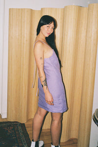 linen apron mini dress in iris