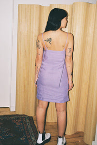 linen apron mini dress in iris