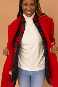 red peacoat with plaid built in layer