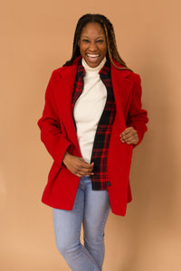 red peacoat with plaid built in layer