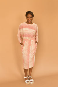 cream and red striped dress