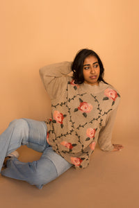 tan & pink rose sweater