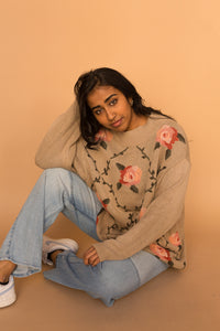 tan & pink rose sweater