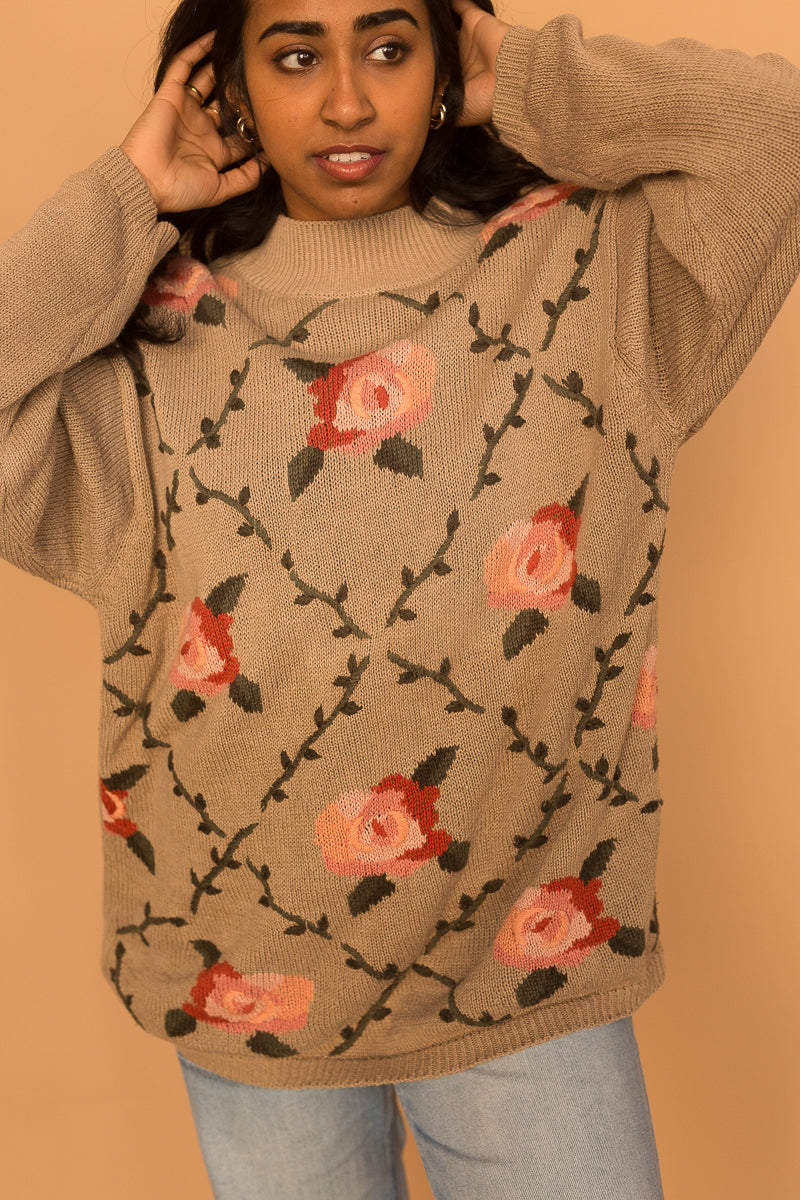 tan & pink rose sweater