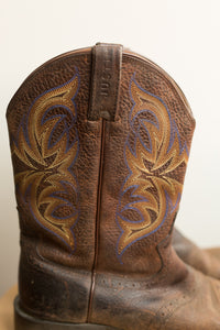 dark brown with blue & yellow stitching cowboy boots