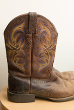 Load image into Gallery viewer, dark brown with blue &amp; yellow stitching cowboy boots
