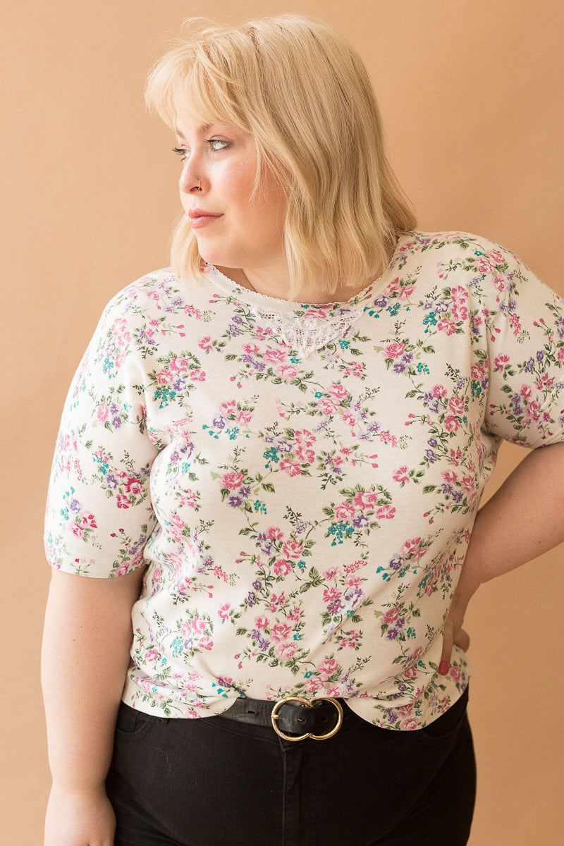 white & pink floral tee